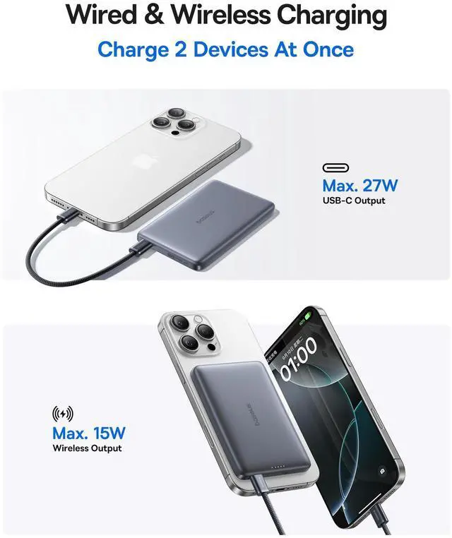 Alt view image 12 of 14 - Portable Charger, Qi2 15W 0.5" Ultra Slim 10000mAh Wireless Power Bank, 27W Fast Charging Magnetic Battery Pack with USB-C for iPhone 17 Pro Max/17 Pro/Air/16/15/14/13/12