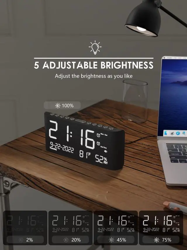 Alt view image 11 of 14 - Wooden Digital Alarm Clocks for Bedrooms, Bedside Desk Clock with Day and Date, USB Charging Port, Temperature & Humidity Detect, Weekday/Weekend Mode, Dual Alarm, 2-100% Brightness Dimmer, 12/24H