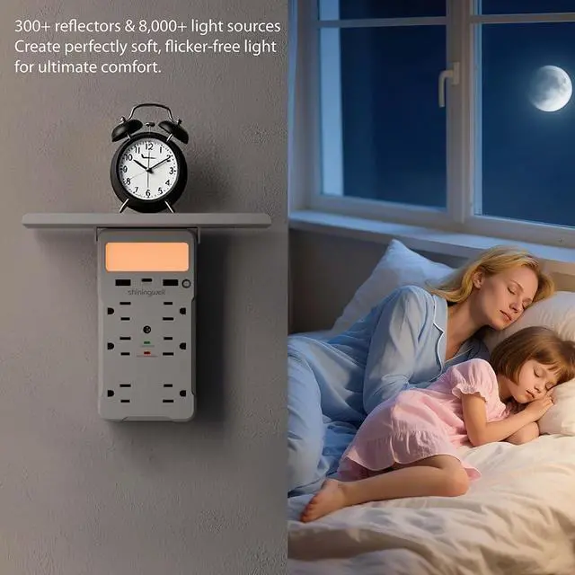 Alt view image 13 of 14 - Wall Outlet Extender with Shelf and Night Light, Surge Protector with 3 USB Ports (2A+1C) and 6 AC Outlets, Multi Plug Power Strip Electric Outlet Splitter for Home and Office Use, White