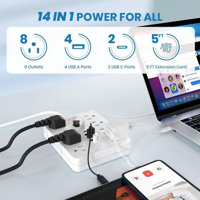 Alt view image 9 of 14 - Power Strip Surge Protector with 8 Outlets, 4 USB and 2 USB C Ports, 5 Ft Extension Cord, Flat Plug, Wall Mount, Overload Protection Desk USB Charging Station for Home, OfficeWhite