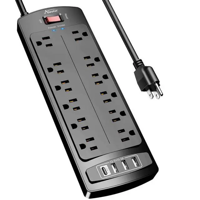 Alt view image 8 of 14 - Power Strip, Surge Protector with 12 Outlets and 4 USB Ports, 6 Feet Extension Cord (1875W/15A), 2700 Joules, ETL Listed, Black