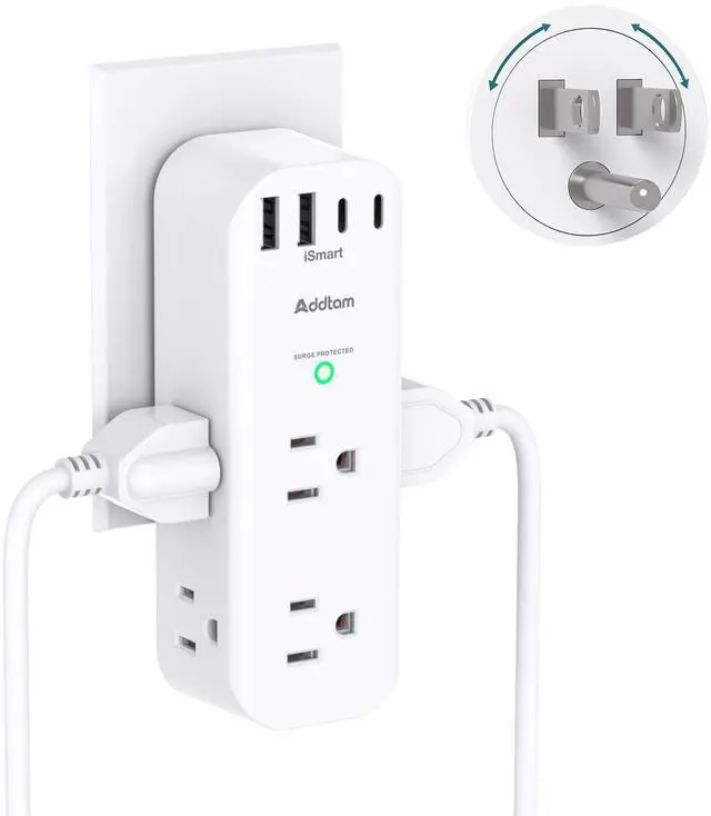 Alt view image 8 of 14 - Surge Protector Wall Outlet Extender, Multi Plug Outlet with Rotating Plug, 6 AC Outlets 4 USB Ports (2 USB C), 1800J, 3-Side Power Strip Wall Mount, Outlet Splitter for College Dorm Travel Essentials