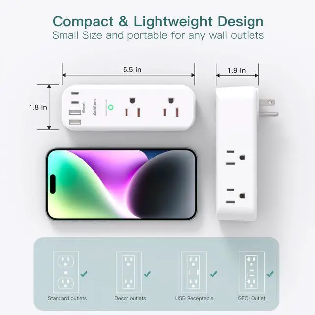 Alt view image 14 of 14 - Surge Protector Wall Outlet Extender, Multi Plug Outlet with Rotating Plug, 6 AC Outlets 4 USB Ports (2 USB C), 1800J, 3-Side Power Strip Wall Mount, Outlet Splitter for College Dorm Travel Essentials
