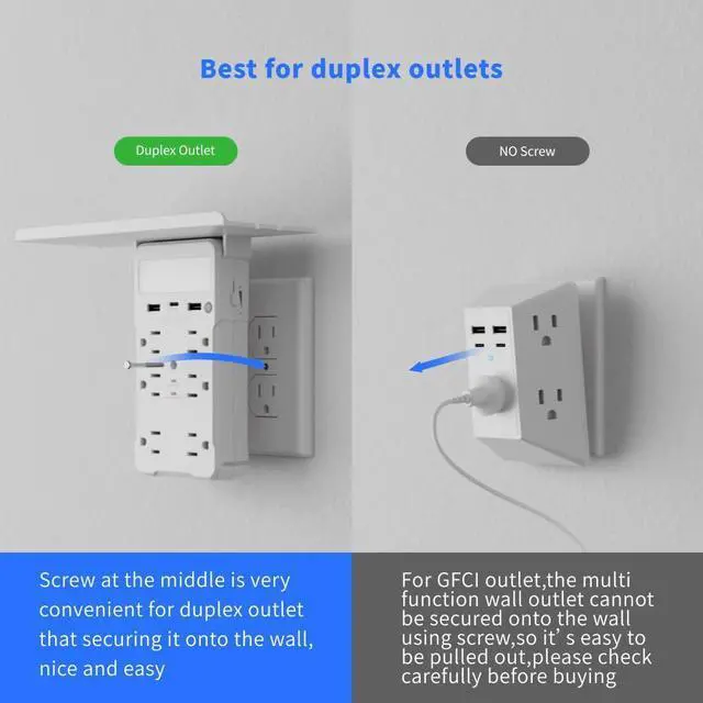 Alt view image 14 of 14 - Wall Outlet Extender with Shelf and Night Light, Surge Protector with 3 USB Ports (2A+1C) and 6 AC Outlets, Multi Plug Power Strip Electric Outlet Splitter for Home and Office Use, White
