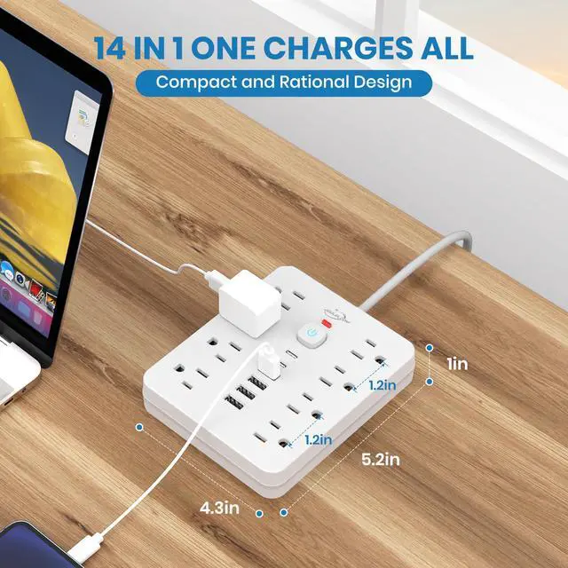 Alt view image 13 of 14 - Power Strip Surge Protector with 8 Outlets, 4 USB and 2 USB C Ports, 5 Ft Extension Cord, Flat Plug, Wall Mount, Overload Protection Desk USB Charging Station for Home, OfficeWhite