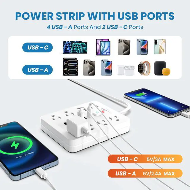 Alt view image 10 of 14 - Power Strip Surge Protector with 8 Outlets, 4 USB and 2 USB C Ports, 5 Ft Extension Cord, Flat Plug, Wall Mount, Overload Protection Desk USB Charging Station for Home, OfficeWhite