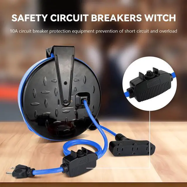 Alt view image 9 of 12 - Retractable Extension Cord Reel, 16/3 SJTW Power Cord 30Ft with 3 Electrical Outlets and 10 Amp Circuit Breaker, Ceiling or Wall Mount, Metal Plate, UL Listed, Blue