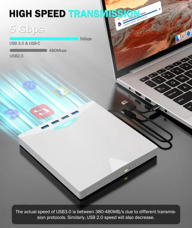 Alt view image 14 of 14 - External CD/DVD Drive for Laptop PC,8 IN 1 LED Portable DVD Drive CD Burner CD-ROM DVD-/+RW Writer Reader with TF/SD Card Slots,USB 3.0 DVD Drive External,Compatible with Mac,Windows 11/10/8/7,Linux