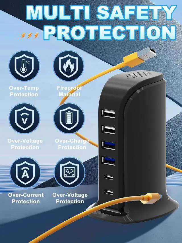 Alt view image 12 of 14 - USB Charger, Charging Station for Multiple Devices 45W, Fast Charging Blocks with Dual Type C Ports, 4 USB Charging Hub Organizer Multiport for iPhone, Ipad, Smartphones, Travel Accessories