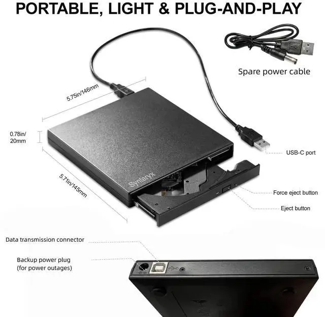 Alt view image 8 of 12 - External CD DVD Drive USB and Type-C, Portable Slim CD/DVD +/-RW Burner Reader Writer Player for Laptop Desktop PC MacBook Mac Windows Linux OS Apple Brushed Black (Matte Black-2)