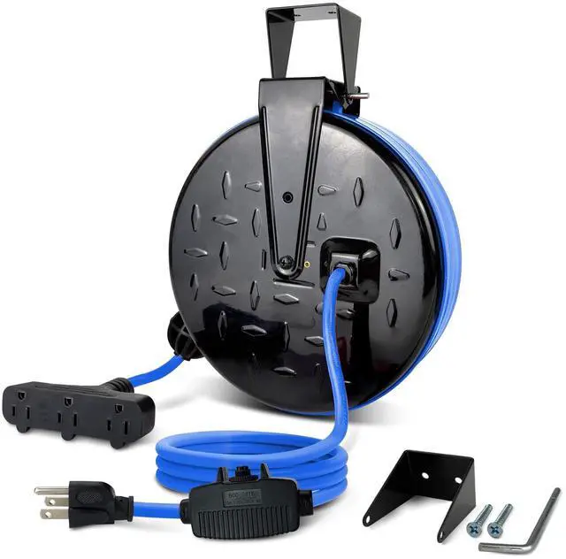 Alt view image 7 of 12 - Retractable Extension Cord Reel, 16/3 SJTW Power Cord 30Ft with 3 Electrical Outlets and 10 Amp Circuit Breaker, Ceiling or Wall Mount, Metal Plate, UL Listed, Blue