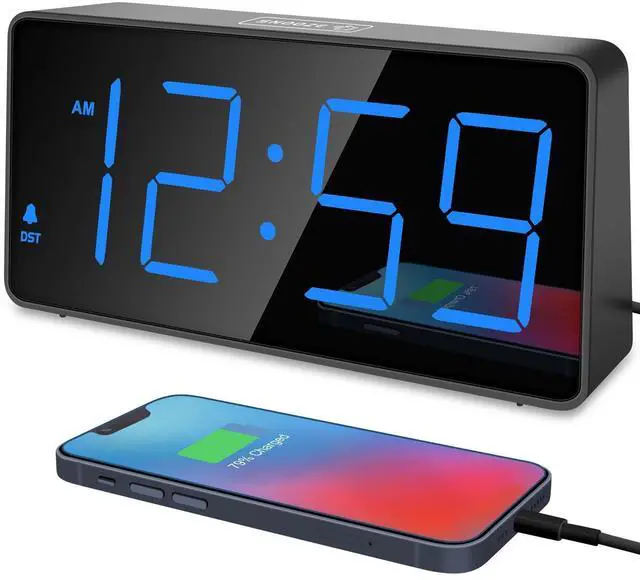Alt view image 8 of 14 - Digital Alarm Clock for Bedroom Bedside, Loud Alarm Clock for Heavy Sleepers, Large Big LED Numbers for Seniors, Battery Backup Plug in Electric Clock with USB Charger (Blue)