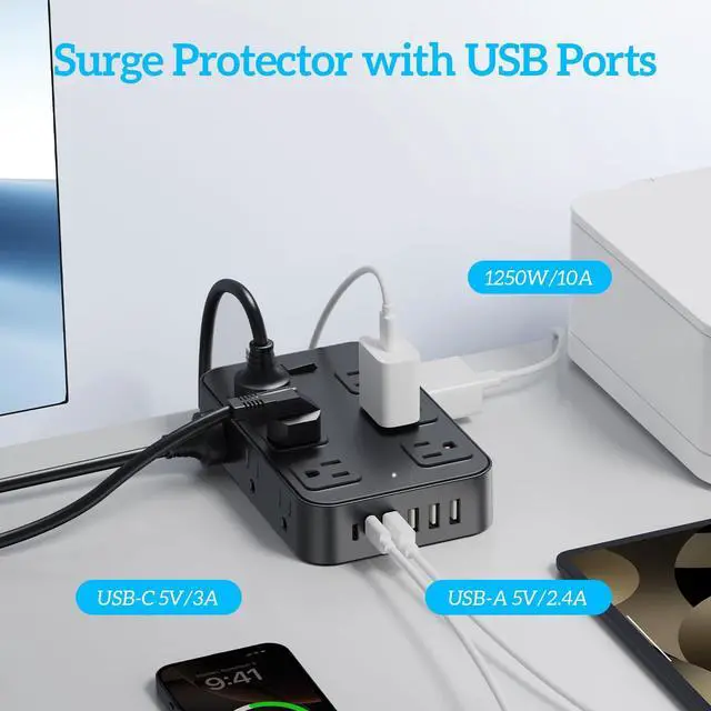 Alt view image 11 of 14 - Flat Plug Power Strip Surge Protector 5 Ft Extension Cord with 12 AC Outlets 6 USB Ports 3 Side Multi Plug Outlet Extender Home Office Kitchen Dorm Room Wall Desk Charging Station ETL Listed