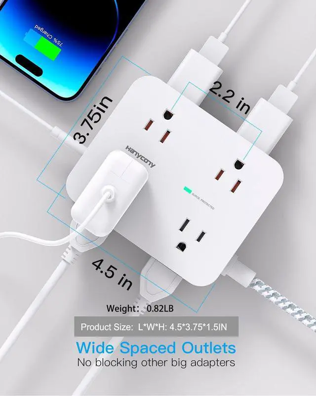 Alt view image 11 of 14 - Surge Protector Power Strip - 8 Outlets 4 USB (2 USB C) Charging Ports, Multi Plug Outlet Extender, 5Ft Braided Extension Cord, Flat Plug Wall Mount Desk Charging Station for Home Office ETL