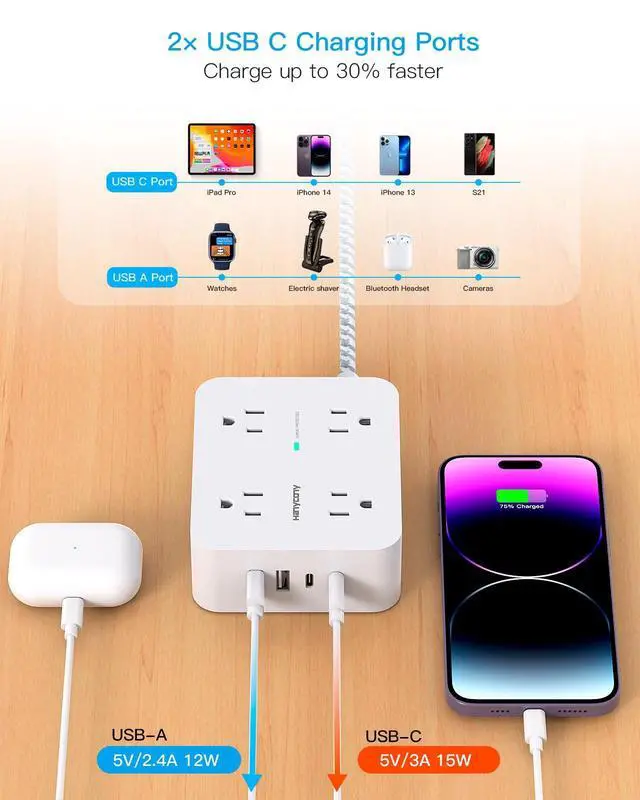 Alt view image 12 of 14 - Surge Protector Power Strip - 8 Outlets 4 USB (2 USB C) Charging Ports, Multi Plug Outlet Extender, 5Ft Braided Extension Cord, Flat Plug Wall Mount Desk Charging Station for Home Office ETL