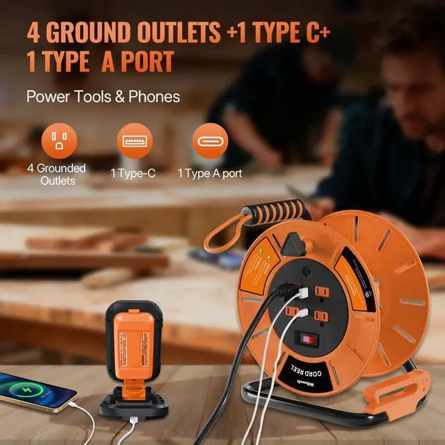 Alt view image 12 of 14 - Extension Cord Storage Reel with 4-Grounded Outlet & 2 USB Port, 15A Circuit Breaker, Heavy Duty Open Cord Reel for 12/3,14/3 Gauge Power Cord, Hand Wind Retractable,ETL Listed Orange G85CR06