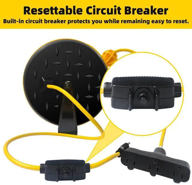 Alt view image 10 of 14 - 30 Ft Retractable Extension Cord Reel with 3 Electrical Power Outlets - 16/3 SJTW Power Cord,10 AMP Circuit Breaker - Ceiling or Wall Mount for Garage,UL Listed,Yellow