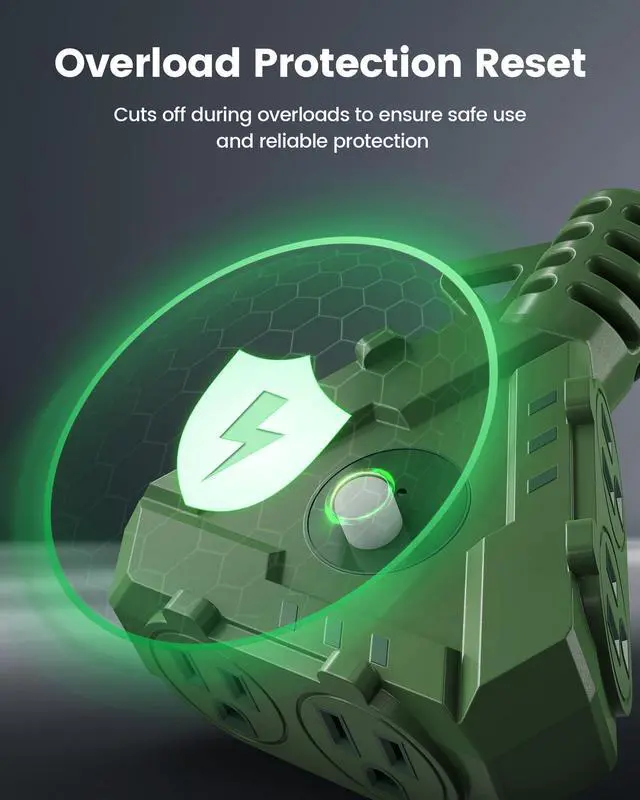 Alt view image 10 of 14 - Outdoor Extension Cord with Multiple Outlets, 6-Outlet Power Hub, 25FT 16/3 AWG SJTW Heavy-Duty Cord, 13A Circuit Breaker, for Holiday Decorations and Landscaping Lights, ETL Listed, Green
