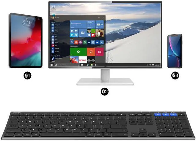 Alt view image 14 of 14 - HB192 Universal Bluetooth Keyboard Multi-Device Stainless Steel Full Size Wireless Keyboard for Windows iOS Android Computer Desktop Laptop Surface Tablet Smartphone Rechargeable Battery