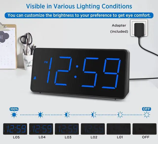 Alt view image 10 of 14 - Digital Alarm Clock for Bedroom Bedside, Loud Alarm Clock for Heavy Sleepers, Large Big LED Numbers for Seniors, Battery Backup Plug in Electric Clock with USB Charger (Blue)