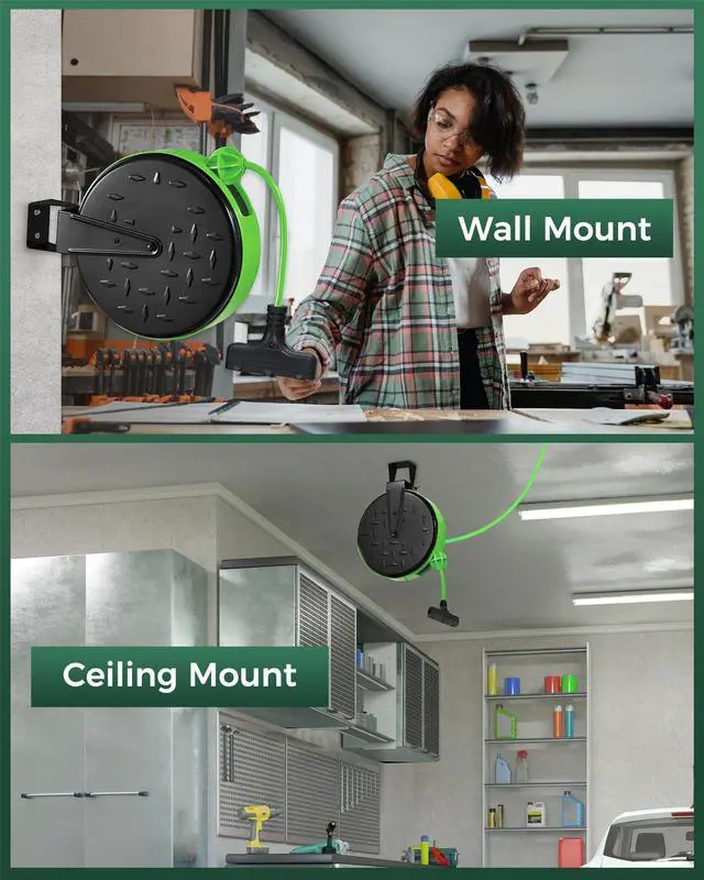 Alt view image 13 of 14 - 30 Ft Retractable Extension Cord Reel, 16/3 Gauge SJTW Power Cord with 3 Electrical Outlets Pigtail for Garage and Shop, 10 Amp Circuit Breaker, Metal Plate, UL Listed, Green J30CR06