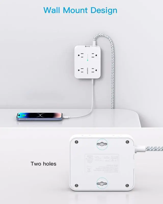 Alt view image 13 of 14 - Surge Protector Power Strip - 8 Outlets 4 USB (2 USB C) Charging Ports, Multi Plug Outlet Extender, 5Ft Braided Extension Cord, Flat Plug Wall Mount Desk Charging Station for Home Office ETL