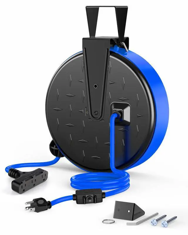 Alt view image 8 of 14 - 30FT Extension Cord Reel, 16/3 Gauge SJTW Power Cord, Retractable Cord Reel with 3 Outlets, Ceiling/Wall Mount for Garage, Workshop, 10A Circuit Breaker, Metal Plate, UL Listed, Blue