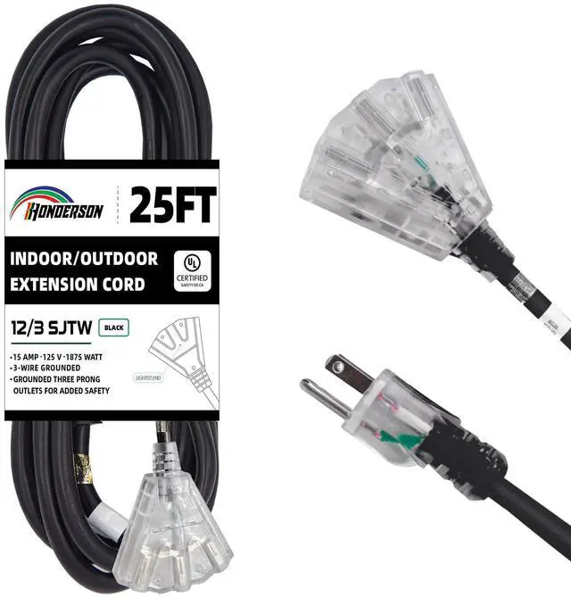 Alt view image 8 of 13 - 3-Outlets Indoor Outdoor Extension Cord Weatherproof with Lighted End, UL Certified, 12 Gauge 25FT Black 3 Prong Heavy Duty, 12/3 SJTW 15A Power Cord