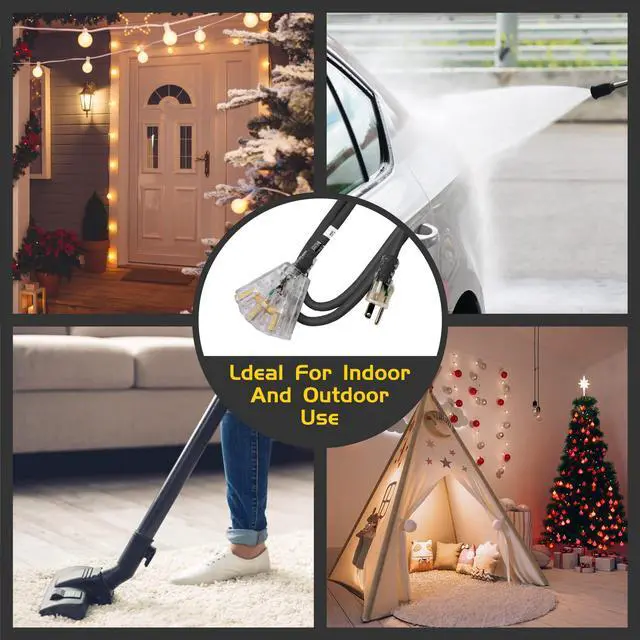 Alt view image 13 of 13 - 3-Outlets Indoor Outdoor Extension Cord Weatherproof with Lighted End, UL Certified, 12 Gauge 25FT Black 3 Prong Heavy Duty, 12/3 SJTW 15A Power Cord