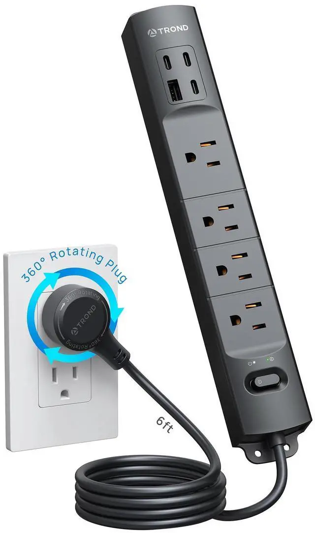 Alt view image 8 of 14 - 360° Rotating Plug Surge Protector, Power Strip with USB Ports, 3 USB C and 1 USB A, 1440 Joules, ETL Listed, 1625W, Wall Outlet Extender, 6ft Extension Cord for Home Office Dorm, Black