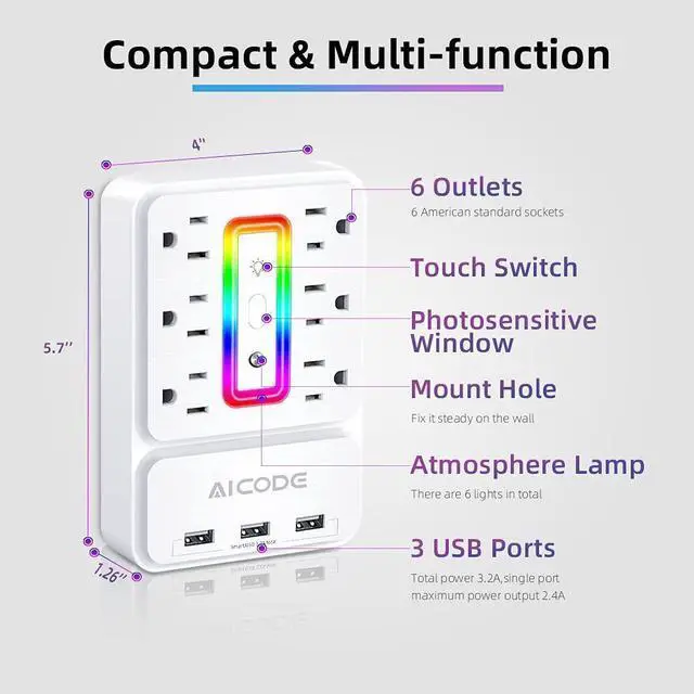 Alt view image 8 of 12 - Multi Plug Outlet Extender,6 Outlet Surge Outlet Protector with 3 USB Charger(3.2A Total),Wall Outlet Plug Electrical Outlet with 6 Ambient RGB Light , Plug Extender for Home,Office,Dorm,Hotel