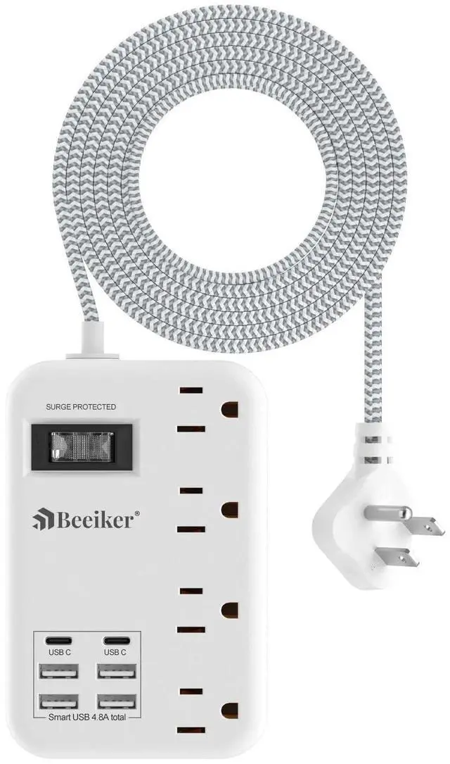 Alt view image 8 of 14 - 6 USB(2 USB C) Surge Protector Power Strip- 5Ft Travel Power Strip with 4.8A USB Charging Station and 4 Extendable Outlet, 13A Flat Plug Braided Extension Cord with Wall Mount for Travel Office Dorm