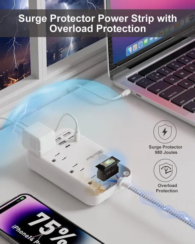 Alt view image 12 of 14 - 6 USB(2 USB C) Surge Protector Power Strip- 5Ft Travel Power Strip with 4.8A USB Charging Station and 4 Extendable Outlet, 13A Flat Plug Braided Extension Cord with Wall Mount for Travel Office Dorm