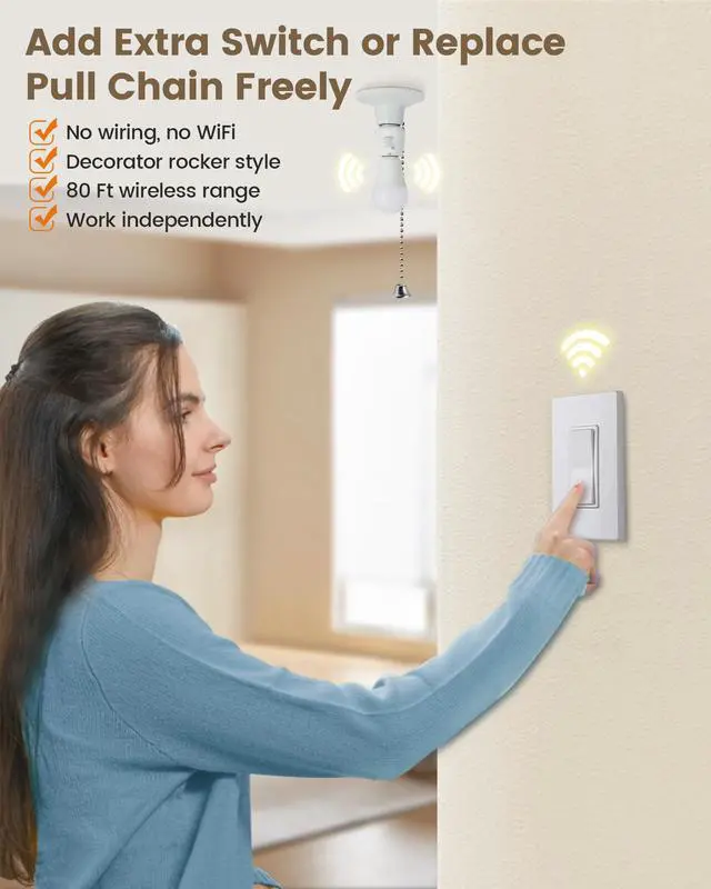 Alt view image 9 of 14 - Remote Control Light Socket, Decorator Wall Switch, E26 Smart Remote Light Bulb Socket, No Wiring, No WiFi, 100FT Wireless Light Switch for Closet Lamps, Pull Chain Ceiling Light Fixture