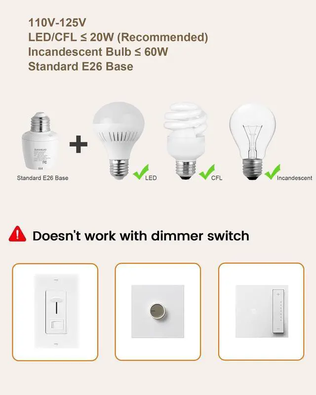 Alt view image 10 of 14 - Remote Control Light Socket, Decorator Wall Switch, E26 Smart Remote Light Bulb Socket, No Wiring, No WiFi, 100FT Wireless Light Switch for Closet Lamps, Pull Chain Ceiling Light Fixture