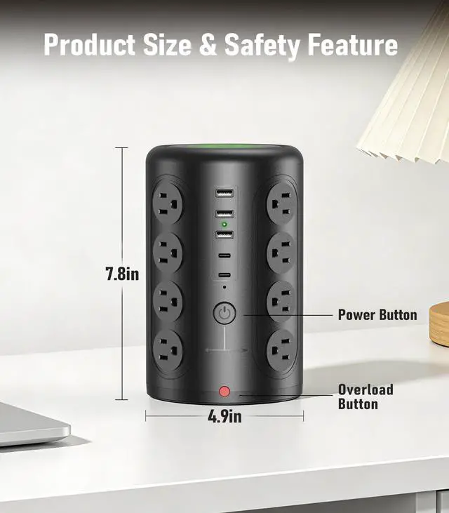 Alt view image 12 of 12 - Power Strip Tower Surge Protector, TenTrend 16 Outlets and 5 USB Ports (2 USB-C), 2000 Joules Charging Station, 6FT Flat Plug Extension Cord for Home Office Dorm Room Essentials, Black