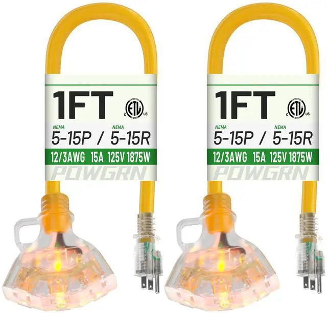 Alt view image 8 of 14 - 1 FT 2 Pack 12/3 Gauge Extension Cord with Multiple Outlets Outdoor, 3 Outlet Extension Cord Heavy Duty Yellow with Lighted, Tri-Tap Power Cable, 12AWG 15Amp 1875Watts 125Volts SJTW, ETL Listed