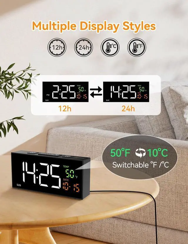 Alt view image 13 of 14 - Alarm Clocks for Bedrooms, Digital Clock with Date Temperature and Weekday, Manual DST, Snooze, 2 Alarms, 4 Volumes for Living Room Home Bedside Desk (Black)