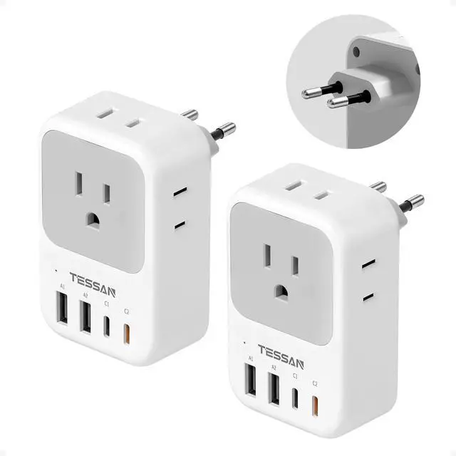 Alt view image 8 of 14 - European Travel Plug Adapter 2 Pack, PD 20W Adapter for Europe Plug with 4 AC Outlets 4 USB (2 USB C), Type C Adaptor for US to Europe, Italy, Spain, France, Portugal, Greece, Iceland, Germany
