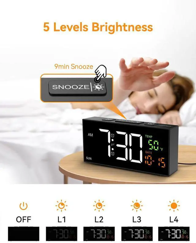 Alt view image 12 of 14 - Alarm Clocks for Bedrooms, Digital Clock with Date Temperature and Weekday, Manual DST, Snooze, 2 Alarms, 4 Volumes for Living Room Home Bedside Desk (Black)