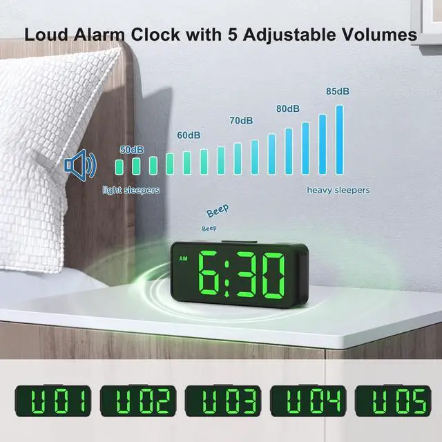 Alt view image 14 of 14 - Small Battery Powered Digital Alarm Clocks for Bedrooms Bedside, Cordless Tiny Travel Portable Desk Clock, Large Numbers Auto Dimmable, LED Display 4 Dimmers, 5 Alarm Volumes
