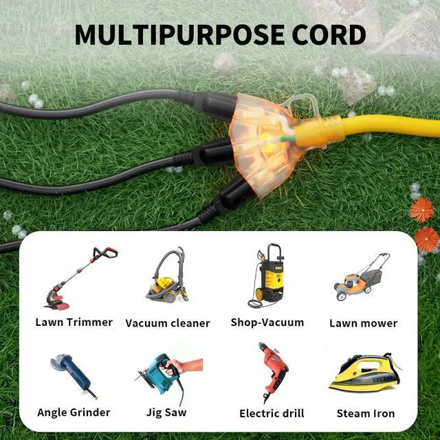 Alt view image 14 of 14 - 1 FT 2 Pack 12/3 Gauge Extension Cord with Multiple Outlets Outdoor, 3 Outlet Extension Cord Heavy Duty Yellow with Lighted, Tri-Tap Power Cable, 12AWG 15Amp 1875Watts 125Volts SJTW, ETL Listed