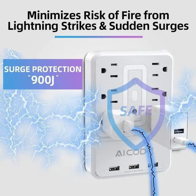 Alt view image 12 of 12 - Multi Plug Outlet Extender,6 Outlet Surge Outlet Protector with 3 USB Charger(3.2A Total),Wall Outlet Plug Electrical Outlet with 6 Ambient RGB Light , Plug Extender for Home,Office,Dorm,Hotel