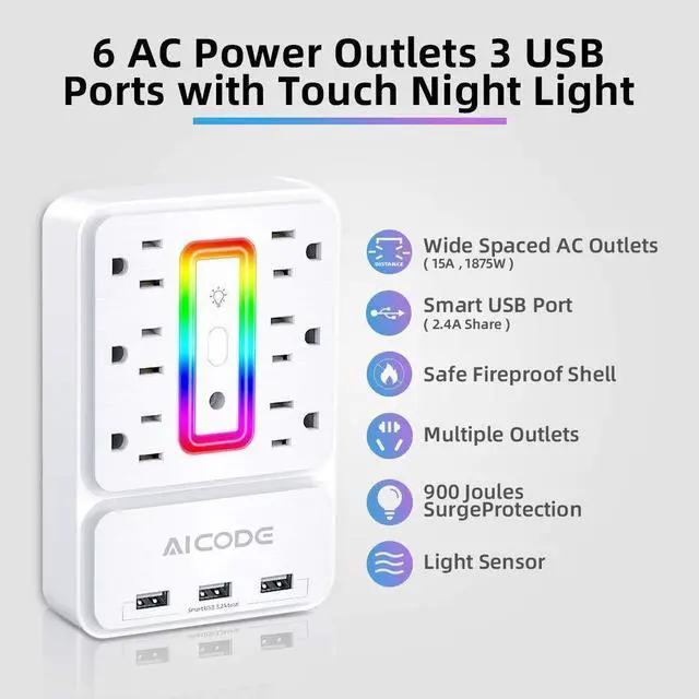 Alt view image 9 of 12 - Multi Plug Outlet Extender,6 Outlet Surge Outlet Protector with 3 USB Charger(3.2A Total),Wall Outlet Plug Electrical Outlet with 6 Ambient RGB Light , Plug Extender for Home,Office,Dorm,Hotel