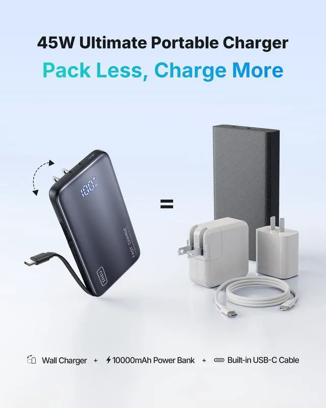 Alt view image 9 of 14 - Power Bank with Wall Plug, 45W 10000mAh Fast Charging Portable Charger with Built-in Cable, Travel Essentials, Slim Battery Pack for iPhone 17 16 15, Samsung Galaxy, Pixel, Xiaomi, ipad, MacBook