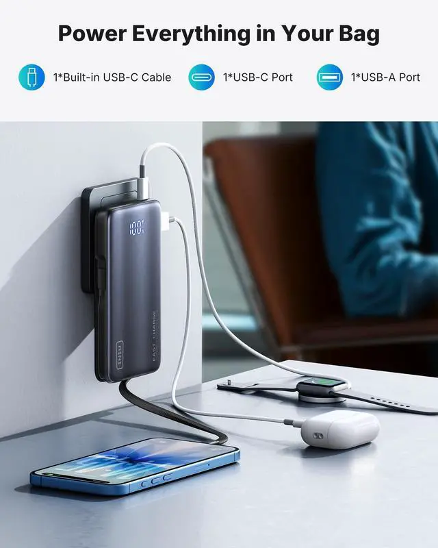 Alt view image 13 of 14 - Power Bank with Wall Plug, 45W 10000mAh Fast Charging Portable Charger with Built-in Cable, Travel Essentials, Slim Battery Pack for iPhone 17 16 15, Samsung Galaxy, Pixel, Xiaomi, ipad, MacBook