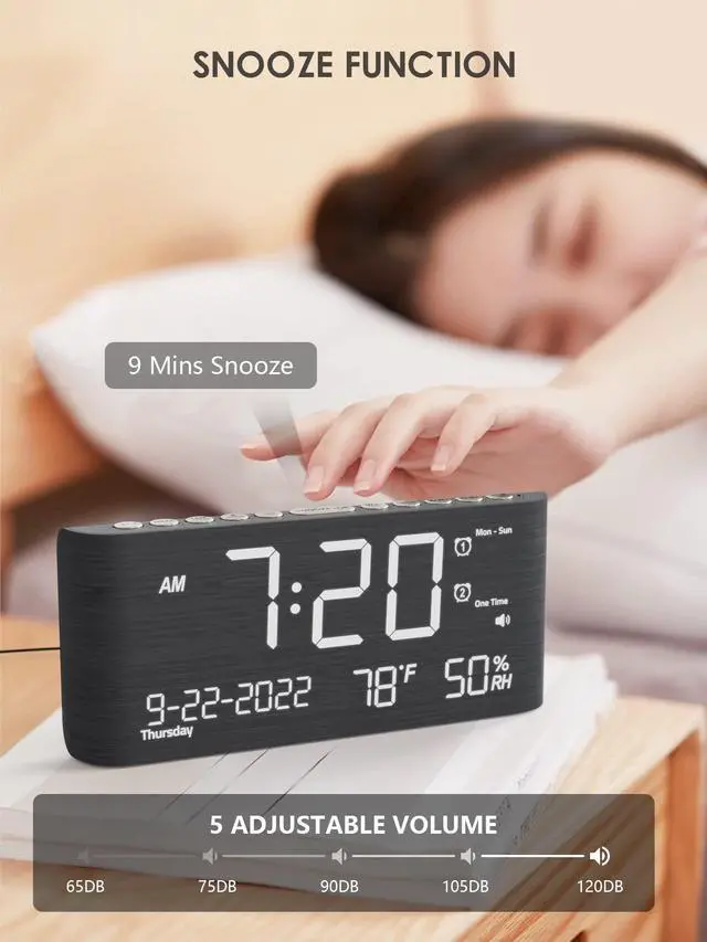 Alt view image 10 of 14 - Wooden Digital Alarm Clocks for Bedrooms, Bedside Desk Clock with Day and Date, USB Charging Port, Temperature & Humidity Detect, Weekday/Weekend Mode, Dual Alarm, 2-100% Brightness Dimmer, 12/24H