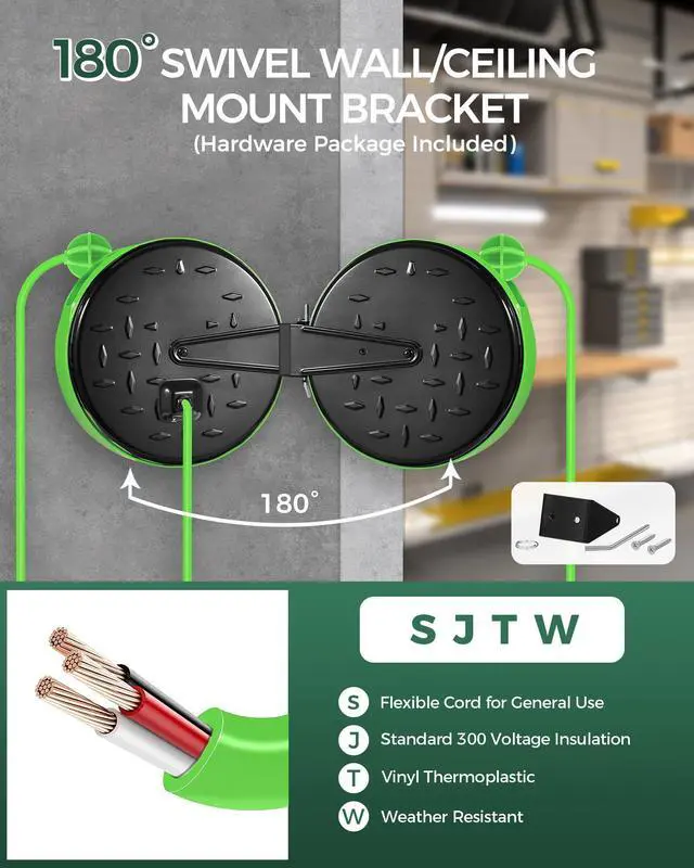Alt view image 14 of 14 - 30 Ft Retractable Extension Cord Reel, 16/3 Gauge SJTW Power Cord with 3 Electrical Outlets Pigtail for Garage and Shop, 10 Amp Circuit Breaker, Metal Plate, UL Listed, Green J30CR06