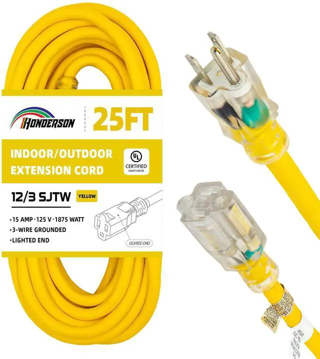 Alt view image 7 of 12 - Indoor Outdoor Extension Cord Weatherproof with Lighted End, UL Listed, 12 Gauge 25FT Yellow 3 Prong Heavy Duty, 12/3 SJTW 15A Power Cord for Outdoor Lights, Lawn