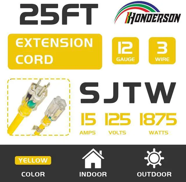 Alt view image 8 of 12 - Indoor Outdoor Extension Cord Weatherproof with Lighted End, UL Listed, 12 Gauge 25FT Yellow 3 Prong Heavy Duty, 12/3 SJTW 15A Power Cord for Outdoor Lights, Lawn